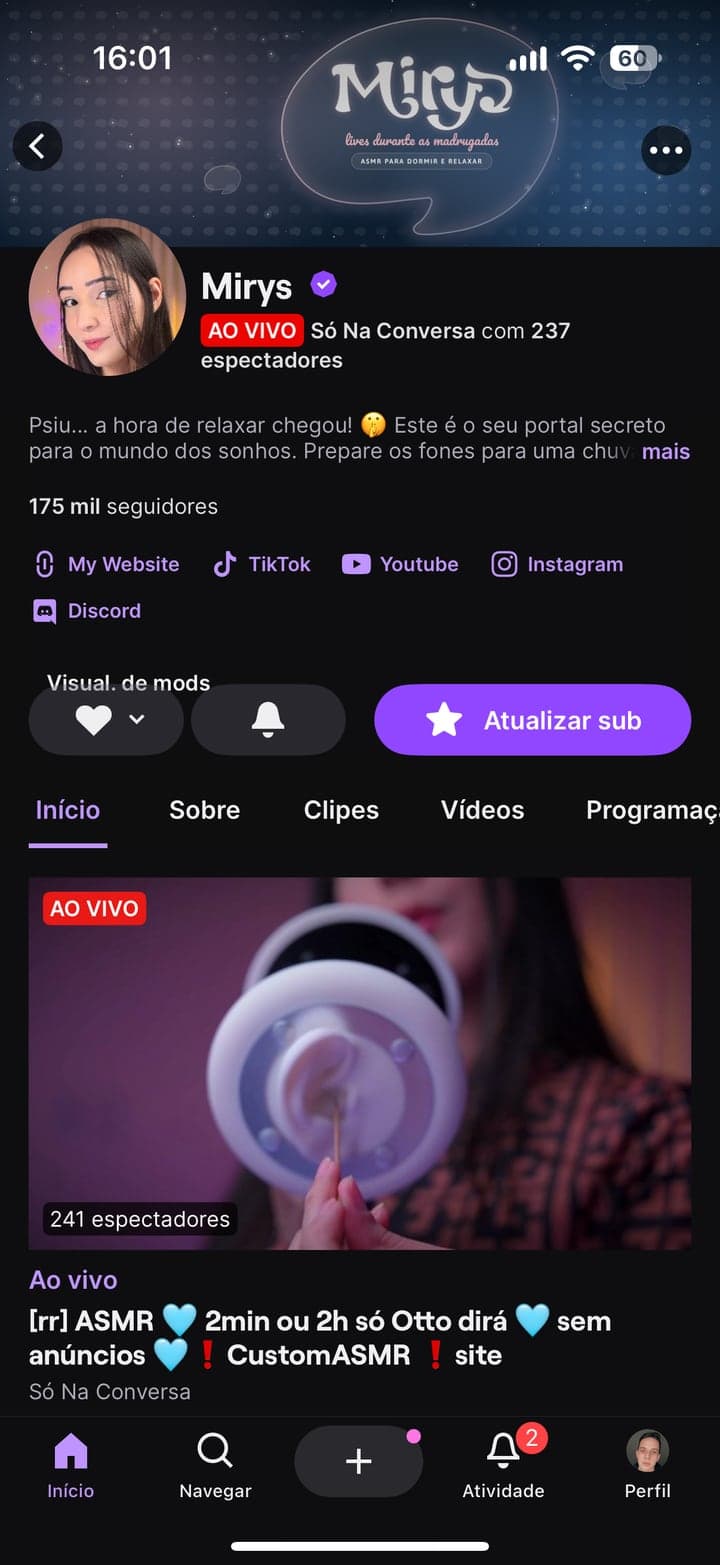 Perfil da Mirys no Twitch