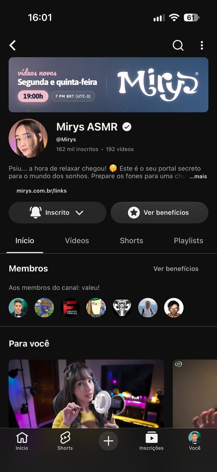 Perfil da Mirys no YouTube