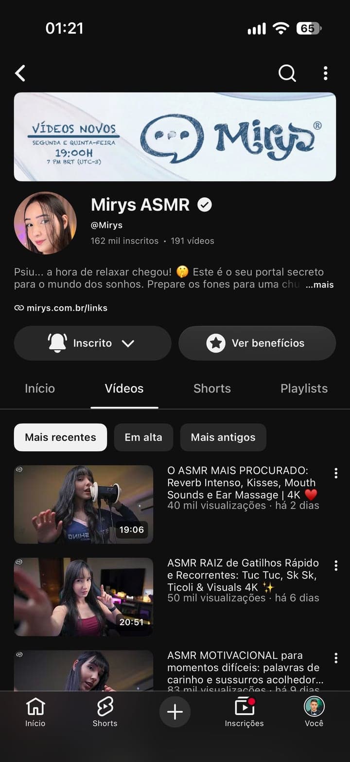 Mirys profile on YouTube